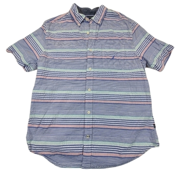 Nautica Short Sleeve Seersucker Button Down Shirt Striped, Size Large - Picture 1 of 15